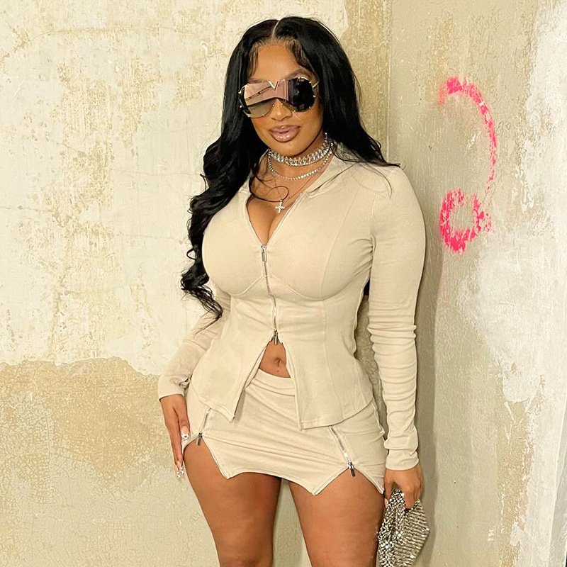 New Arrivals Women Outfits Ribbed Knit Hooded Crop Jacket+Skirt 2 Piece Lady Y2k Two Piece Hooded Skirt Sets Fall Women Clothing