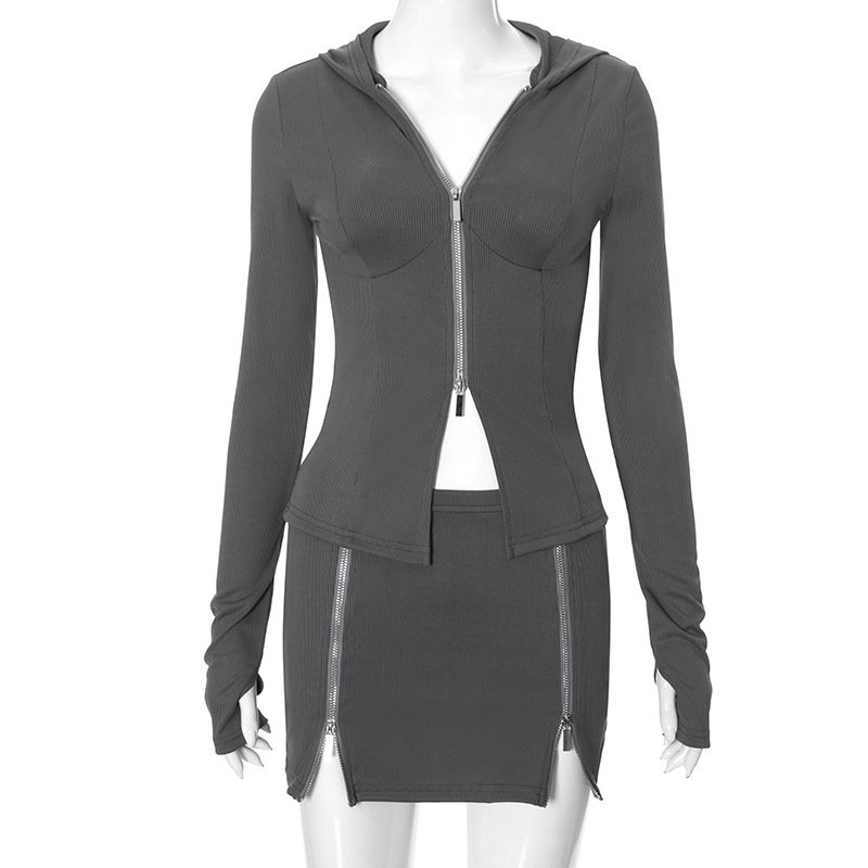 New Arrivals Women Outfits Ribbed Knit Hooded Crop Jacket+Skirt 2 Piece Lady Y2k Two Piece Hooded Skirt Sets Fall Women Clothing
