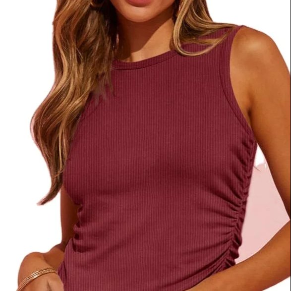 new product Hot sale Sleeveless Rib Knit Body-Con Side Pleat Solid Round-neck Tank Top support custom t-shirt