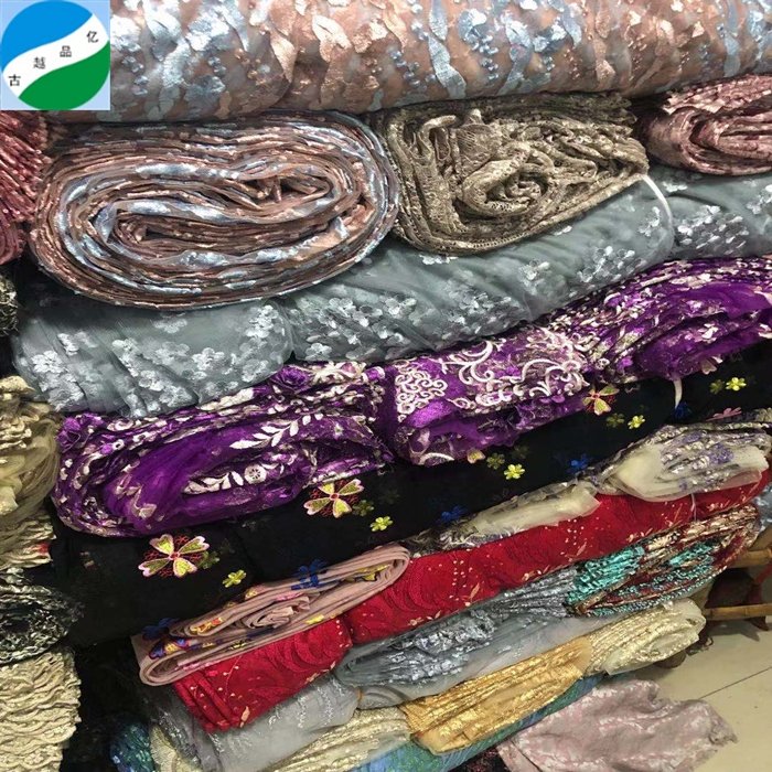 Wholesale ready stock brocard tissus tulle mesh embroidery stock fabric for evening party wear
