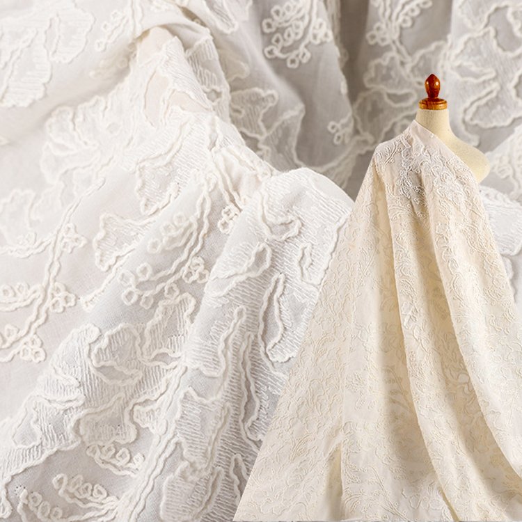 Three dimensional rope embroidered cotton fabric embroidered fabric 130cm width swiss lace cotton embroidery fabric for party