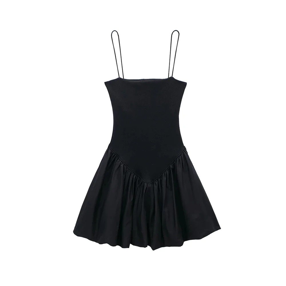 Women's Summer Patchwork Ribbed Poplin Puff Mini Dress Straight Neck Collarless with Thin Straps Breathable Stylish Fashion
