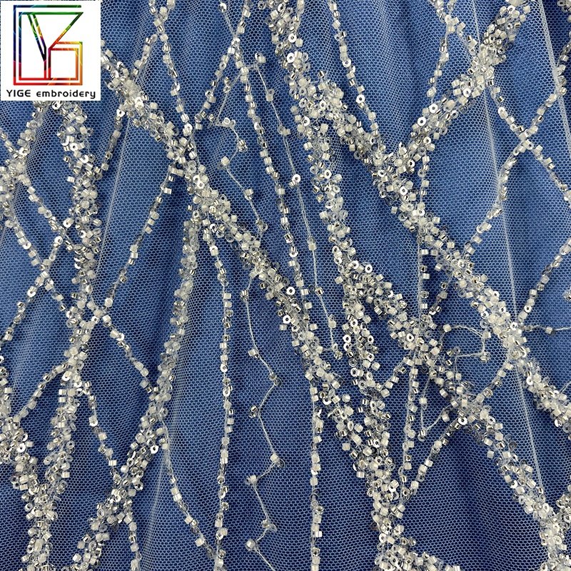 new design glitter heavy beads sequins luxury fabric bridal High Quality weddings dress White mesh embroidery lace fabric