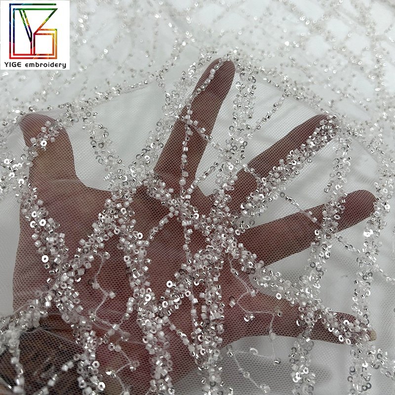 new design glitter heavy beads sequins luxury fabric bridal High Quality weddings dress White mesh embroidery lace fabric