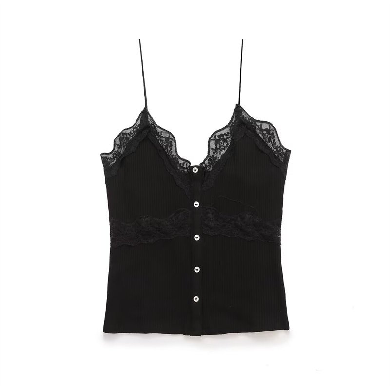 ZATRHMBM Summer Women's Single Breasted Lace Threaded T-Shirt Camisole Top 2024 New Sleeveless Knit Vest Top Elegant Women's Top