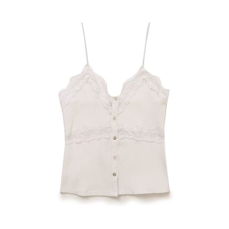 ZATRHMBM Summer Women's Single Breasted Lace Threaded T-Shirt Camisole Top 2024 New Sleeveless Knit Vest Top Elegant Women's Top