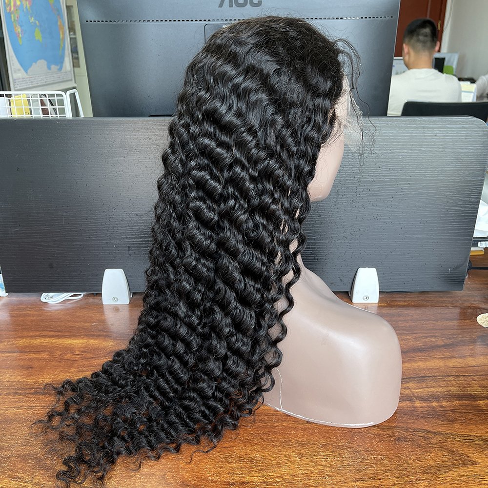 Pre-Plucked 30'' long brazilian deep wave wig lace front, HD Transparent Swiss Full Lace 360 lace frontal wig for black women