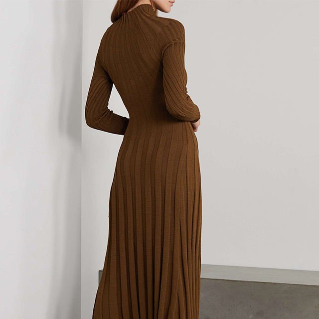 Knitwear Mufacturers Custom Logo Brown Rib Knit Turtleneck Maxi Dress Winter Pleated dress Sweater Dress Women