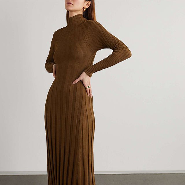 Knitwear Mufacturers Custom Logo Brown Rib Knit Turtleneck Maxi Dress Winter Pleated dress Sweater Dress Women