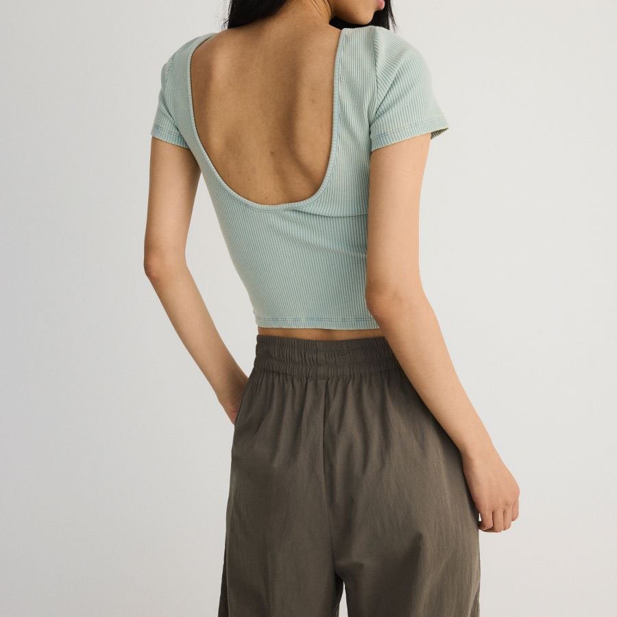 high quality Custom solid slim fit Rib knit deep back Tee For Women