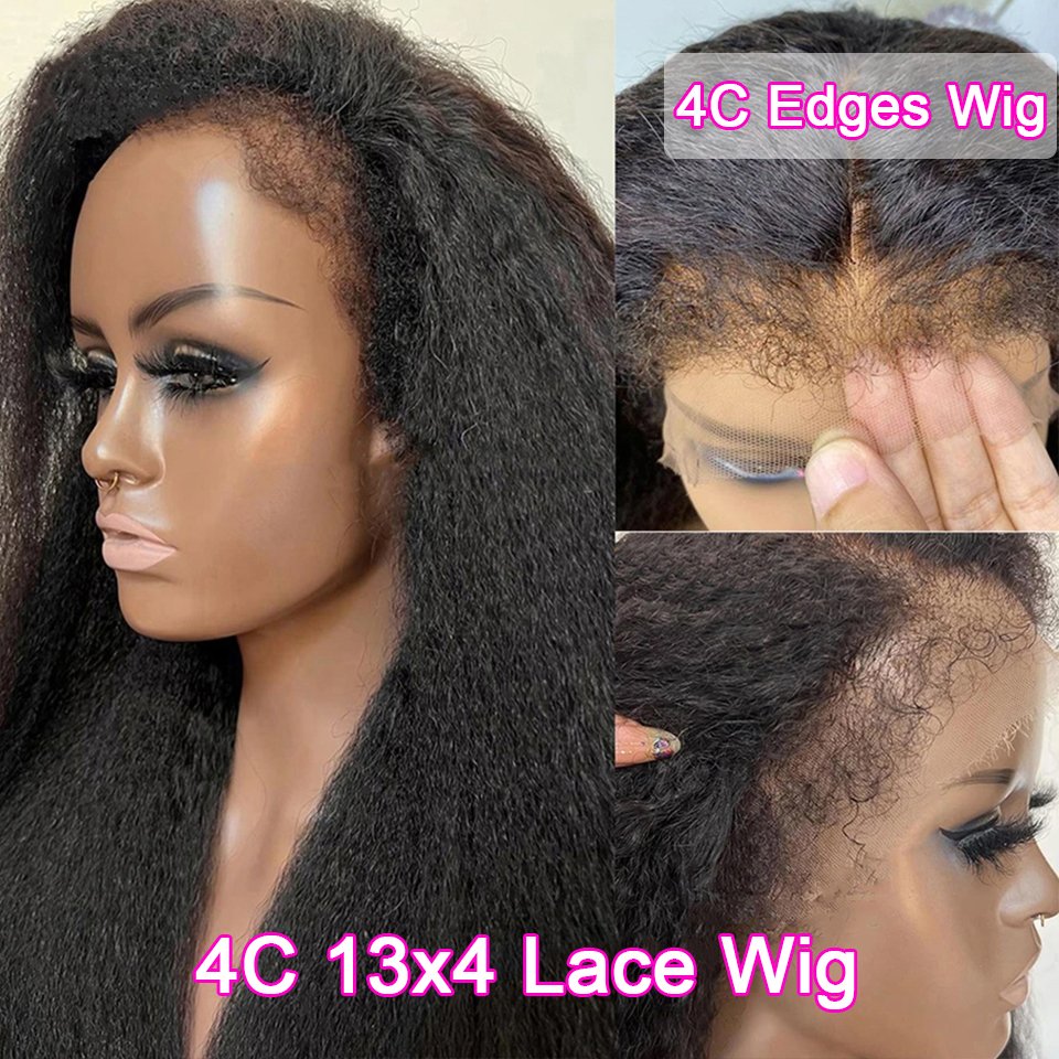 4C Kinky Edges Baby Hair Lace Wig Transparent 13x4 Kinky Straight Lace Front Wig Pre Plucked Yaki Brazilian 360 Lace Closure Wig