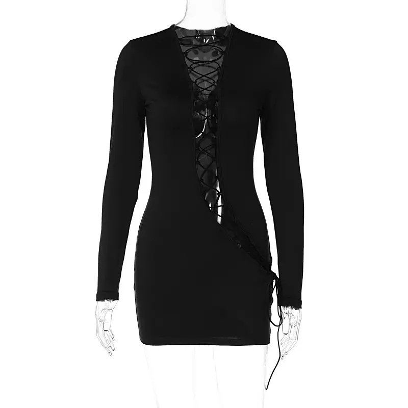 Knitting Ribbed Long Sleeve Slash Hollow Out Mini Dress Sexy Stretchy Women Elegant Dress
