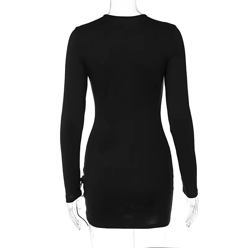 Knitting Ribbed Long Sleeve Slash Hollow Out Mini Dress Sexy Stretchy Women Elegant Dress