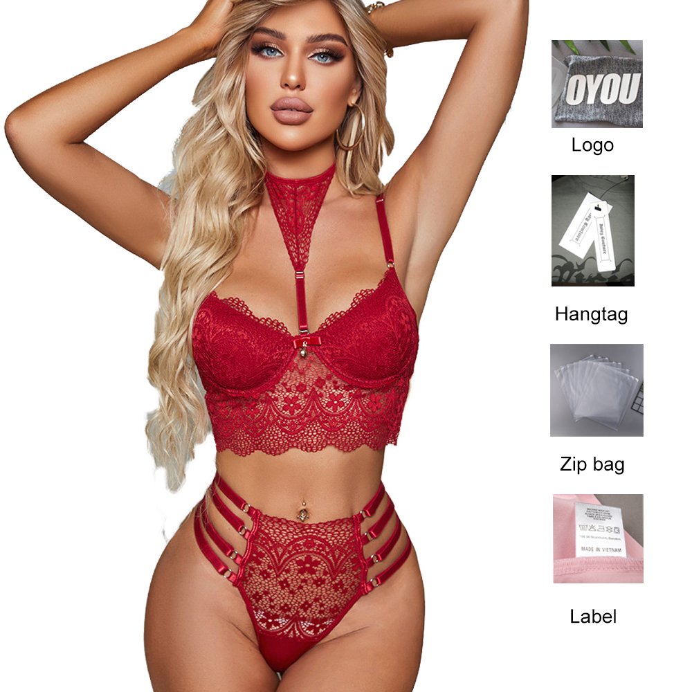 Private Label Plus Size XL Luxury Halter Underwire Bra Panty Lace Femme Women Ensembles De Lingerie Set
