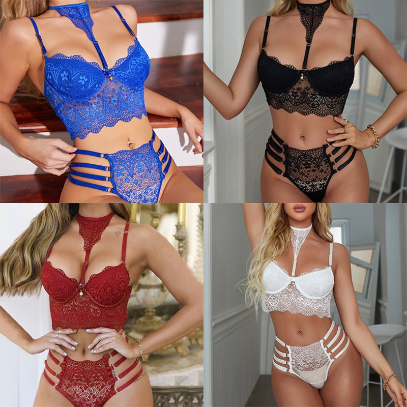 Private Label Plus Size XL Luxury Halter Underwire Bra Panty Lace Femme Women Ensembles De Lingerie Set