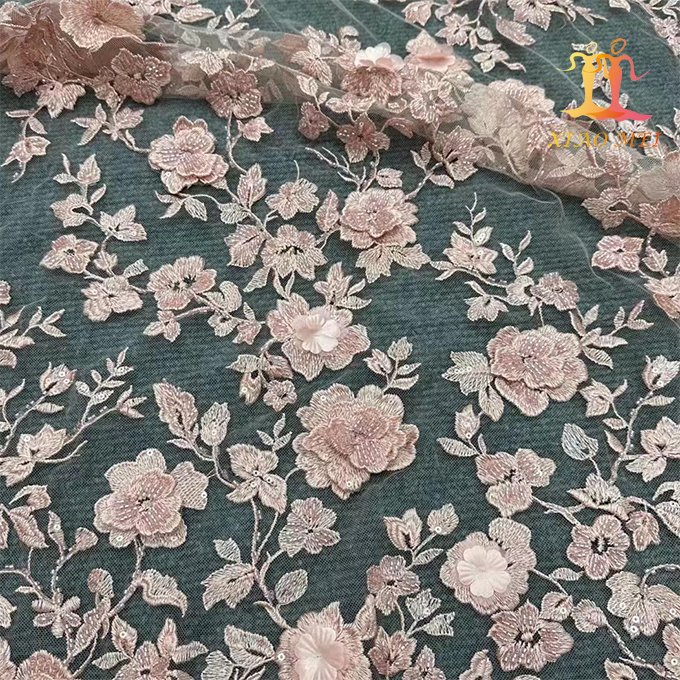 High quality 100% polyester luxury beaded 3D Fancy wedding embroidery lace fabric XM-BF0705