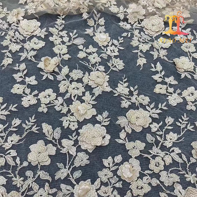 High quality 100% polyester luxury beaded 3D Fancy wedding embroidery lace fabric XM-BF0705