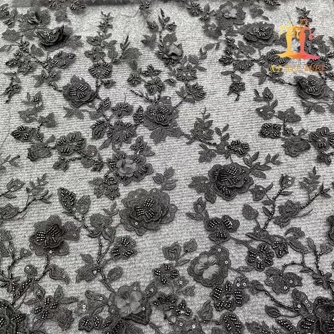High quality 100% polyester luxury beaded 3D Fancy wedding embroidery lace fabric XM-BF0705