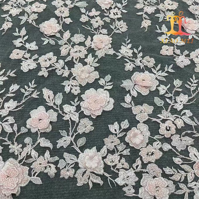 High quality 100% polyester luxury beaded 3D Fancy wedding embroidery lace fabric XM-BF0705