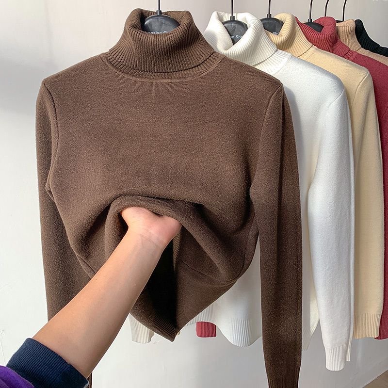 Autumn Winter High Neck Thick Casual Women Rib Knitted Top Pullover Sweater Knitwear