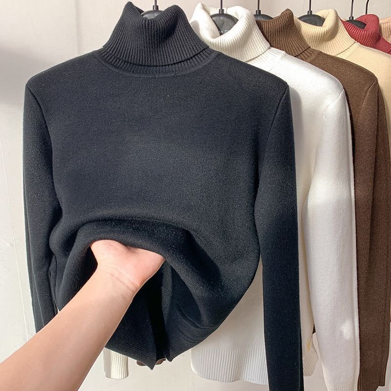 Autumn Winter High Neck Thick Casual Women Rib Knitted Top Pullover Sweater Knitwear