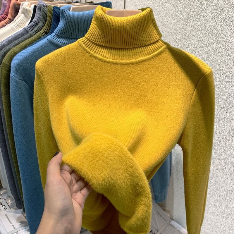 Autumn Winter High Neck Thick Casual Women Rib Knitted Top Pullover Sweater Knitwear