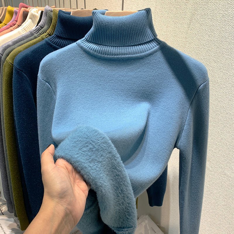 Autumn Winter High Neck Thick Casual Women Rib Knitted Top Pullover Sweater Knitwear