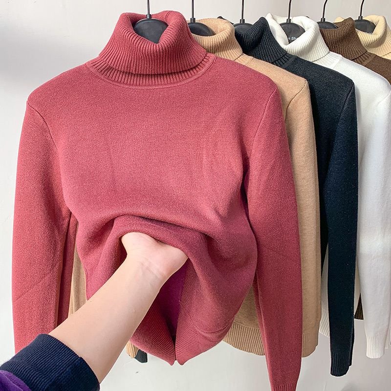 Autumn Winter High Neck Thick Casual Women Rib Knitted Top Pullover Sweater Knitwear