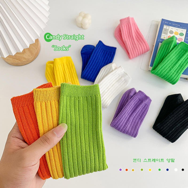 2024 Hot Sale Dressy Vertical Ribbed Cotton Comfortable Socks for Girls Mid Crew Colorful Rainbow Socks