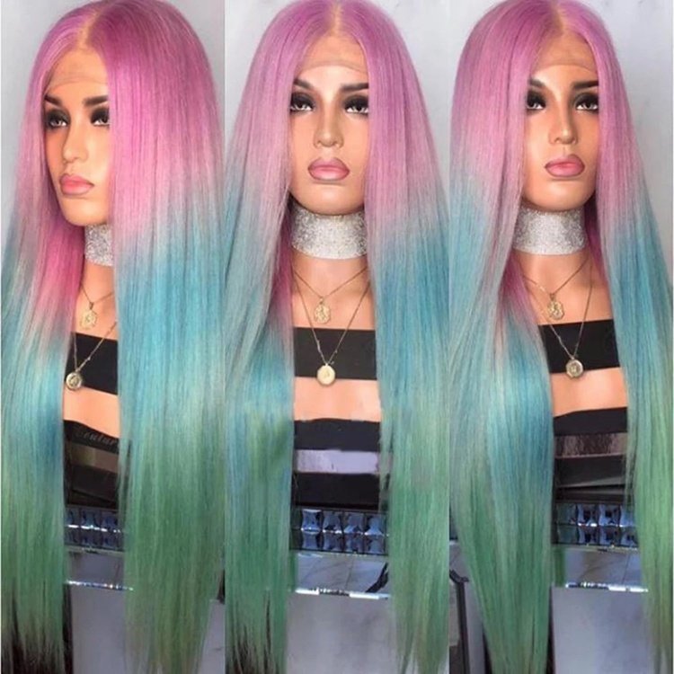 Pink Blue Light Green Rainbow Color Wigs Human Hair Virgin Brazilian Lace Front Wigs Middle Part Natural Hairline