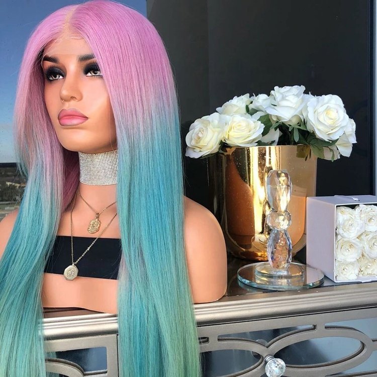 Pink Blue Light Green Rainbow Color Wigs Human Hair Virgin Brazilian Lace Front Wigs Middle Part Natural Hairline