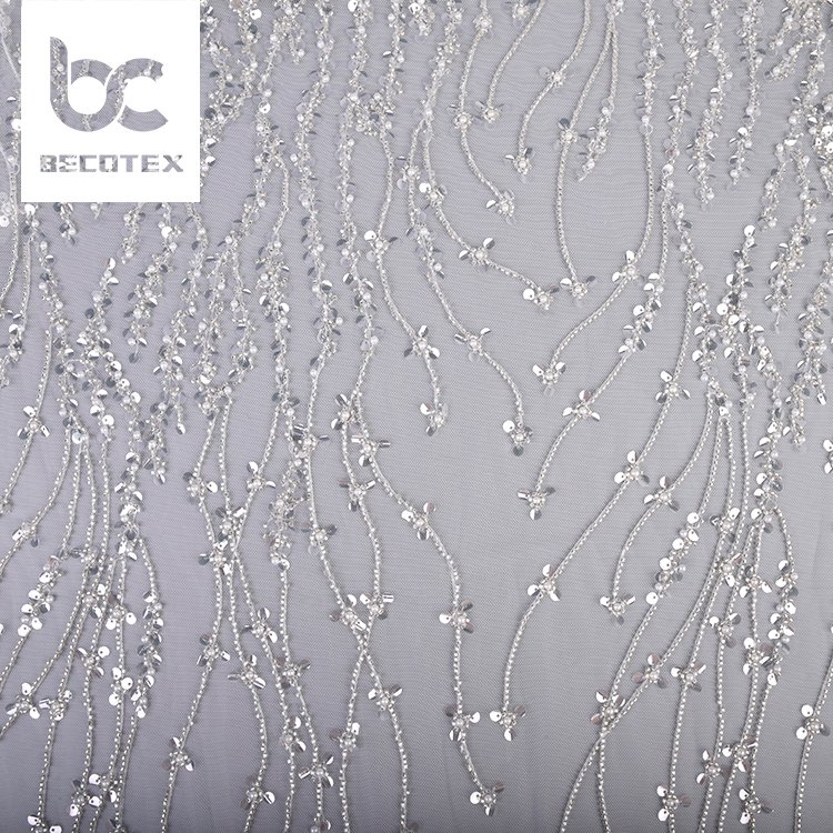 High quality white bridal tulle lace fabric high-end embroidery beaded sequin bridal wedding dress lace fabric