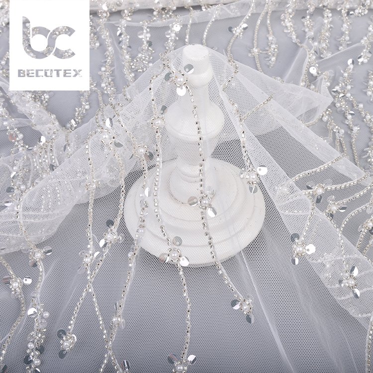 High quality white bridal tulle lace fabric high-end embroidery beaded sequin bridal wedding dress lace fabric