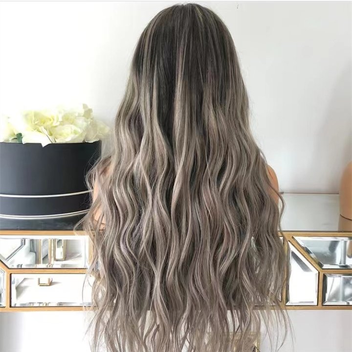 New Women Lace Top Wig Ombre Gray Blonde Color Loose Wave Double Drawn Kosher Human Hair Transparent HD 13x6 Lace Front Wigs