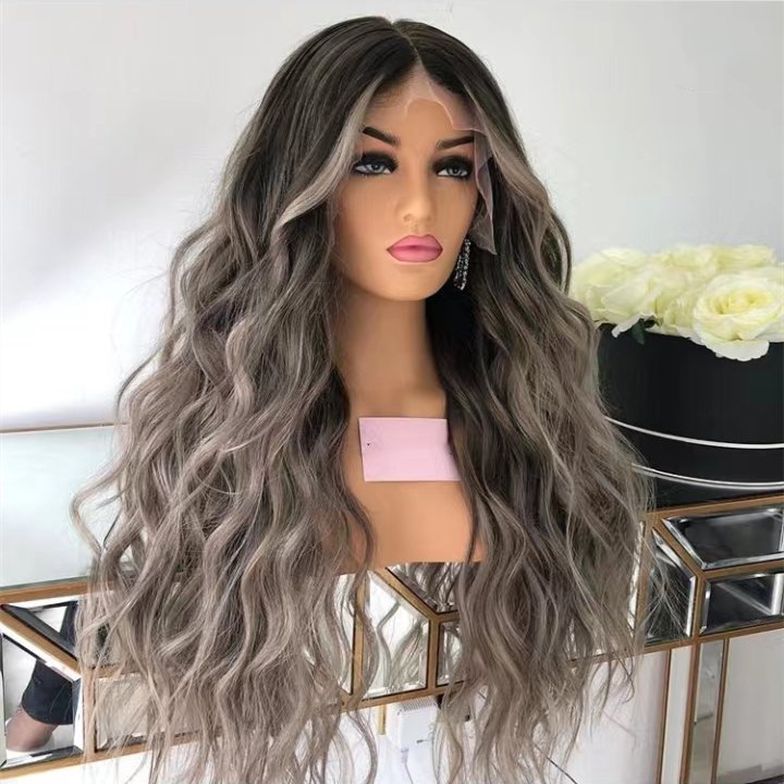 New Women Lace Top Wig Ombre Gray Blonde Color Loose Wave Double Drawn Kosher Human Hair Transparent HD 13x6 Lace Front Wigs