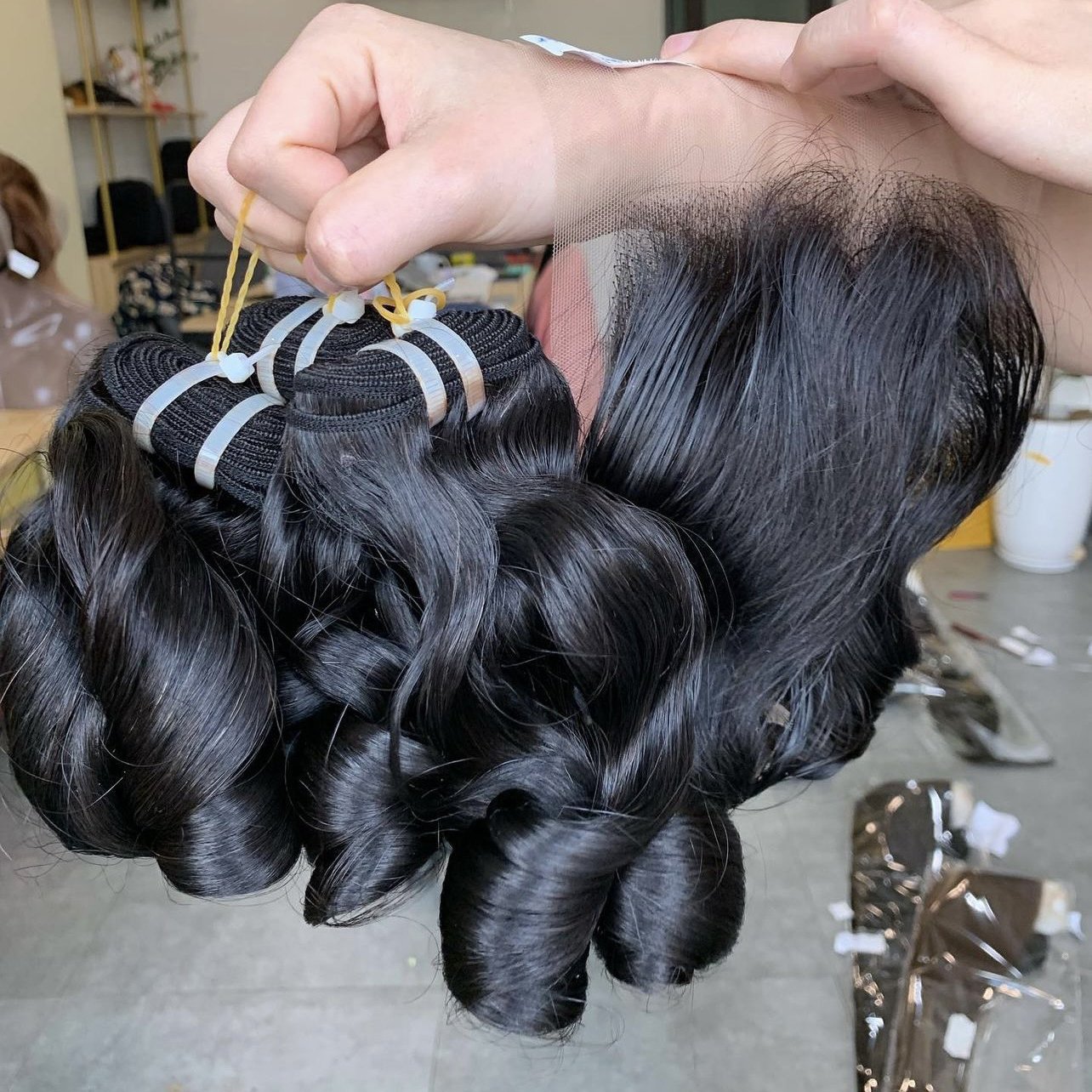 100% Vietnamese Human Hair Natural Black Loose Wave Curly Super Double Drawn Lace Toupee Base Available in 6 to 36 Inches