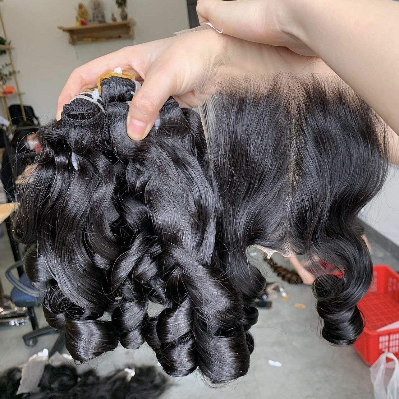 100% Vietnamese Human Hair Natural Black Loose Wave Curly Super Double Drawn Lace Toupee Base Available in 6 to 36 Inches