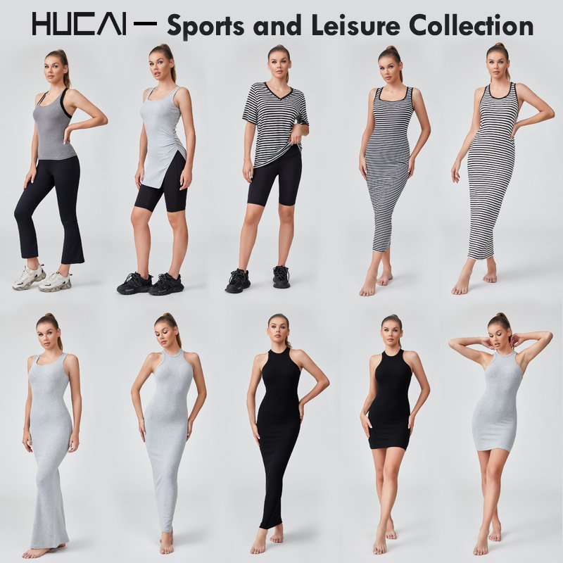 HUCAI Custom Logo Womens breathable skinny sexy cotton Spandex high strech Sleeveless tight fit curved ribbed Bodycon Dress