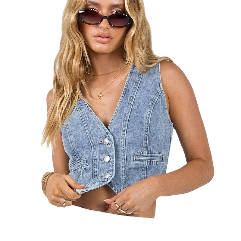 Women's Autumn and Winter New Retro Casual Loose Metal Button Solid Color Short Denim Vest