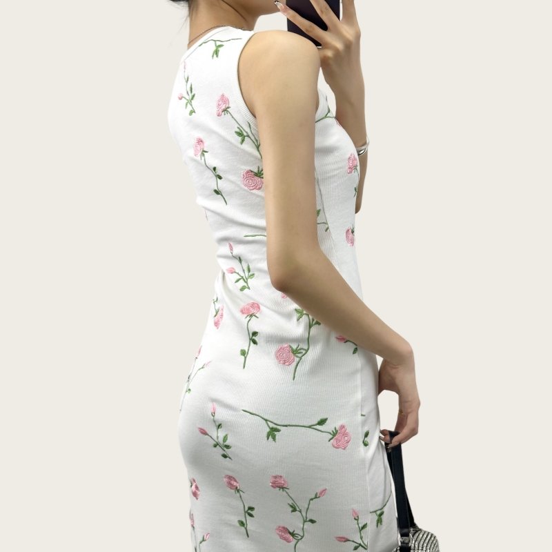 Women's White Embroidered Cotton-blend Midi dress casual fashion crewneck sleeveless slim fit floral embroidery evening Dress