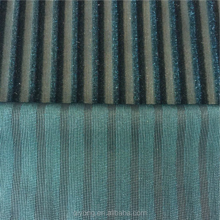 New Fashion Green Striped Velvet Upholstery Pleuche Fabric with Drop Needle Rib for Fashion Garment