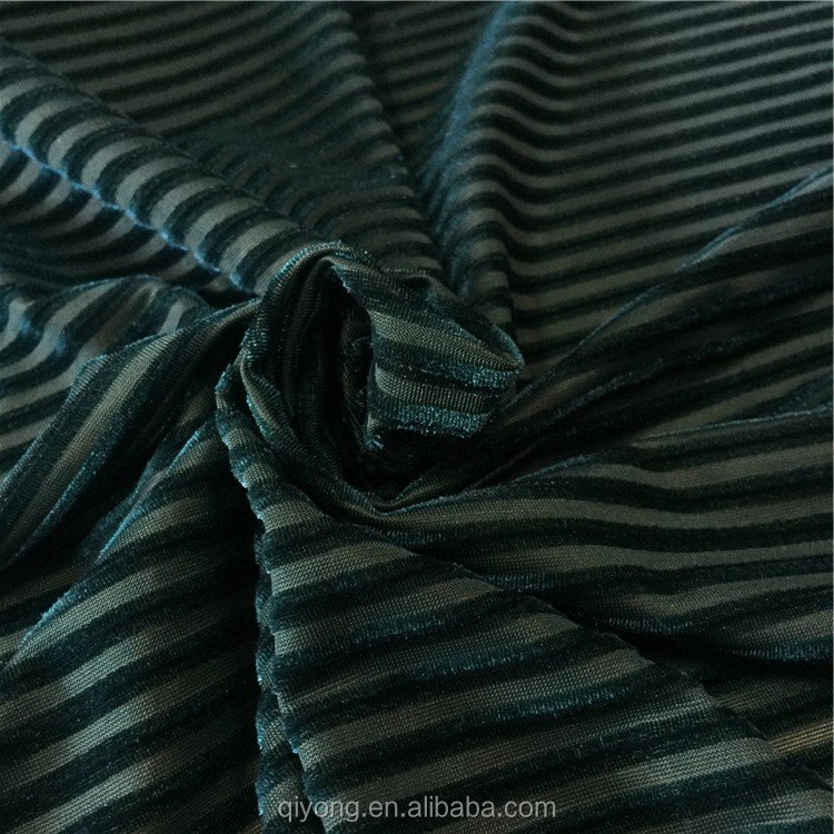 New Fashion Green Striped Velvet Upholstery Pleuche Fabric with Drop Needle Rib for Fashion Garment