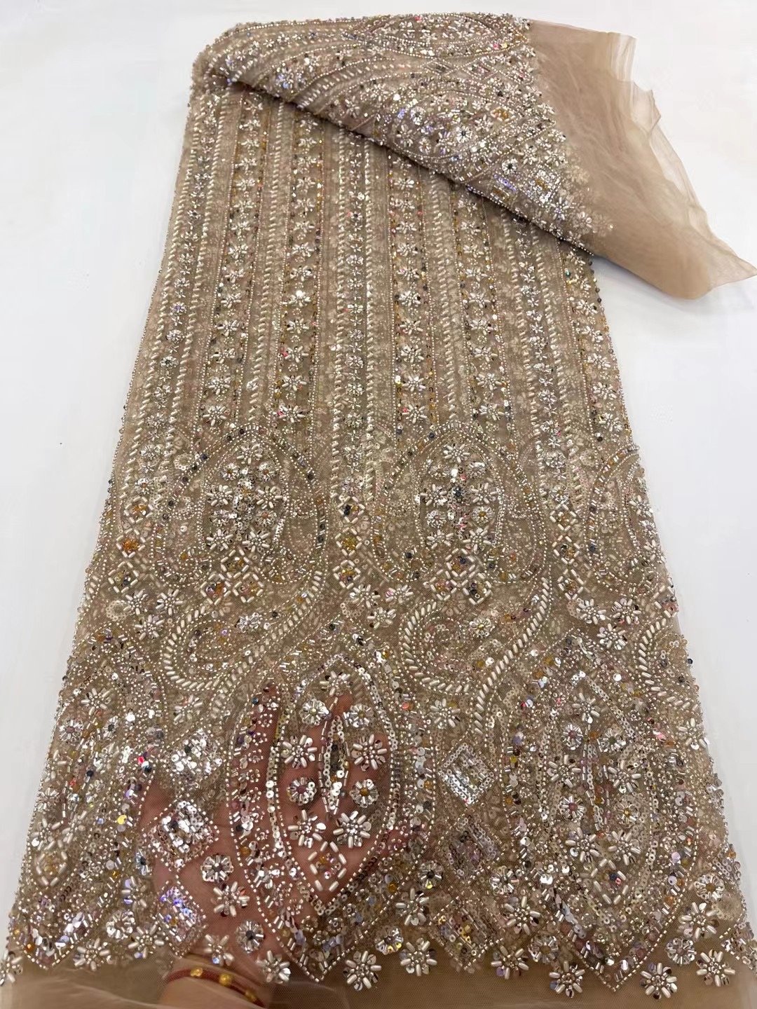 NI.AI Luxury Pearl Lace Bridal Heavy Beaded Lace Fabric Golden Lace Sequin Fabric For Dress