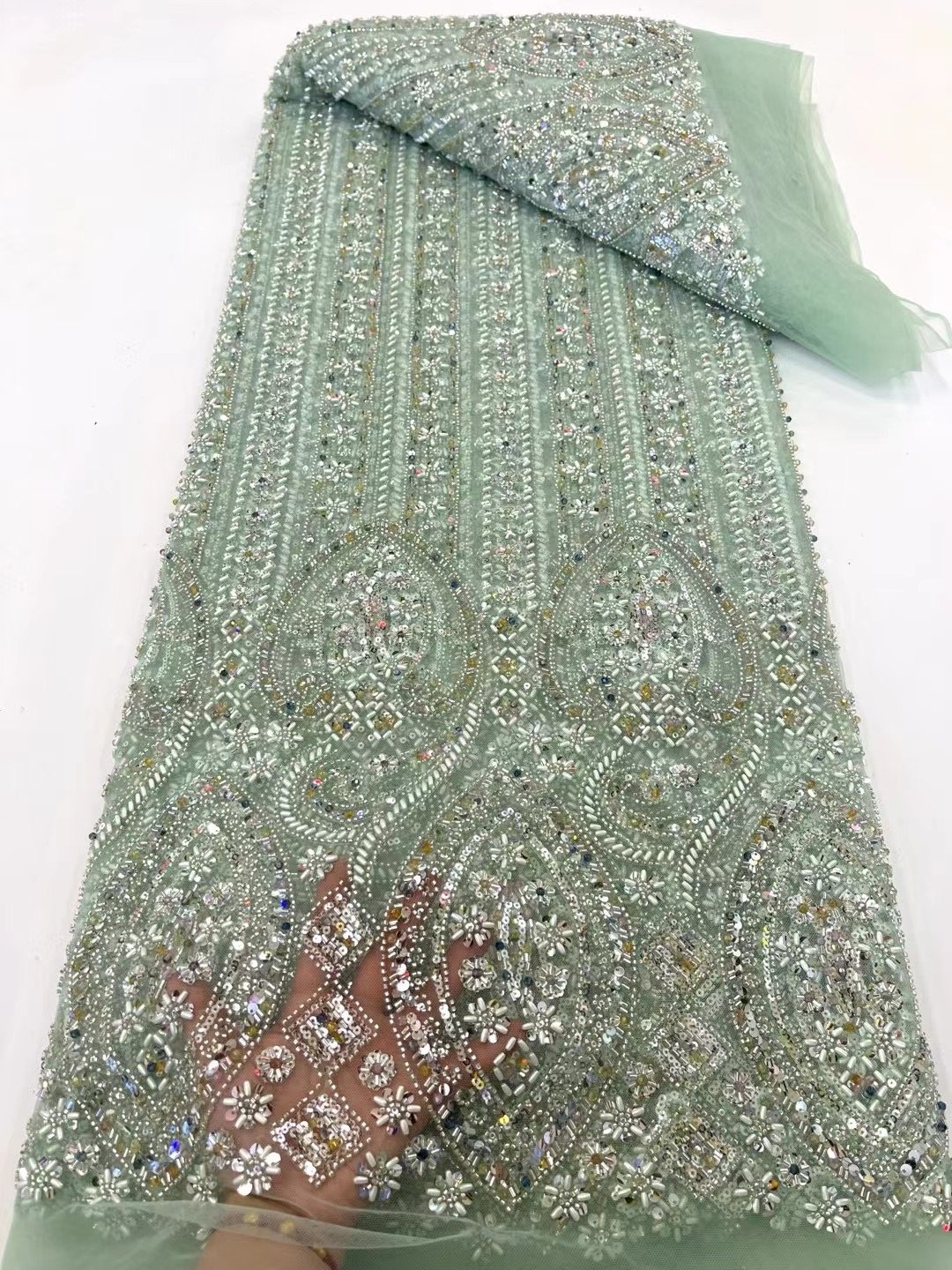 NI.AI Luxury Pearl Lace Bridal Heavy Beaded Lace Fabric Golden Lace Sequin Fabric For Dress