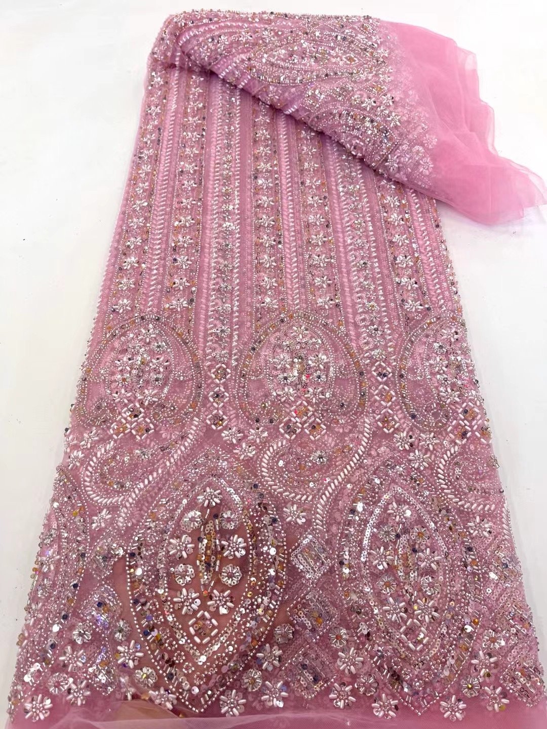 NI.AI Luxury Pearl Lace Bridal Heavy Beaded Lace Fabric Golden Lace Sequin Fabric For Dress