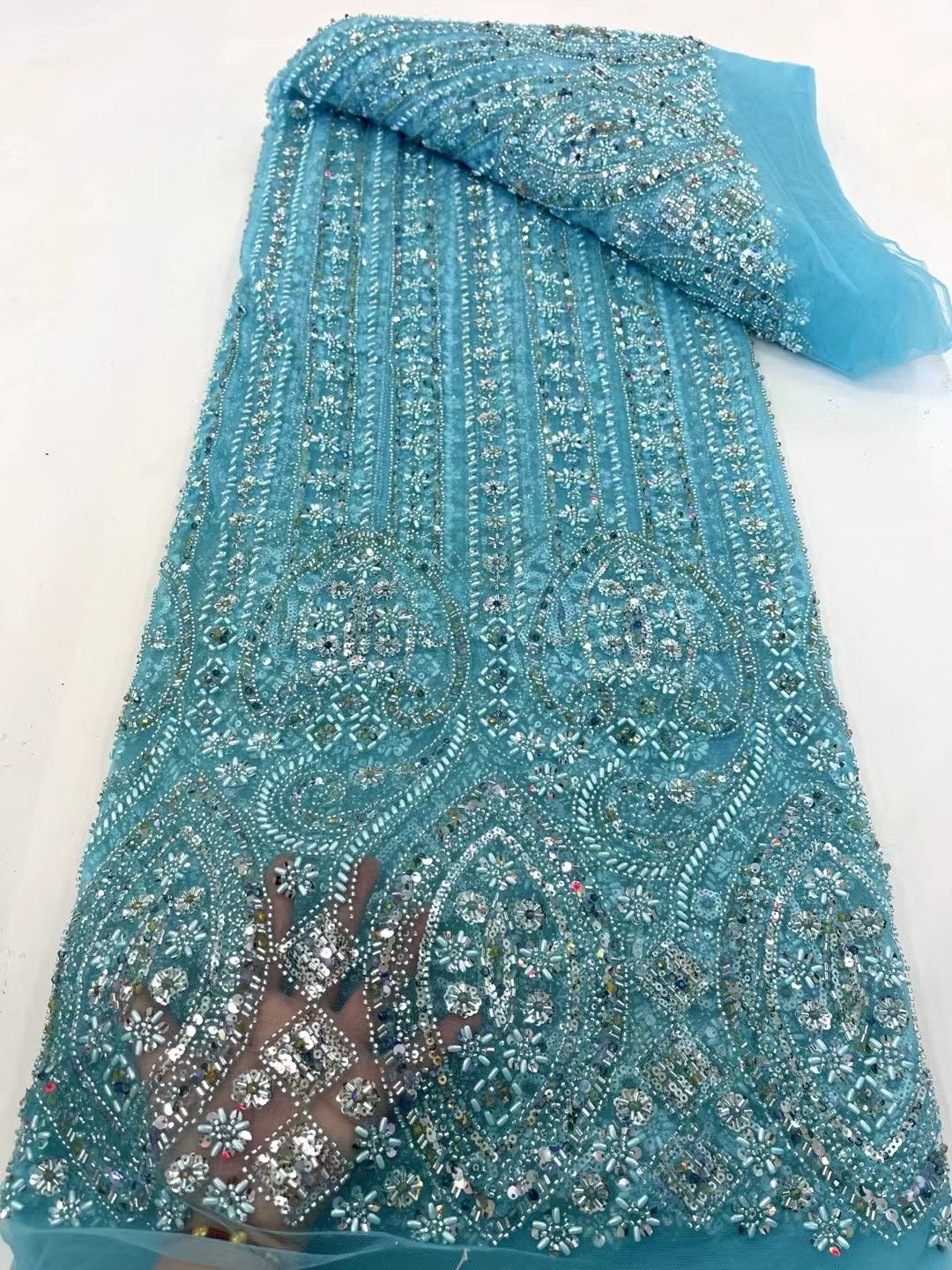 NI.AI Luxury Pearl Lace Bridal Heavy Beaded Lace Fabric Golden Lace Sequin Fabric For Dress