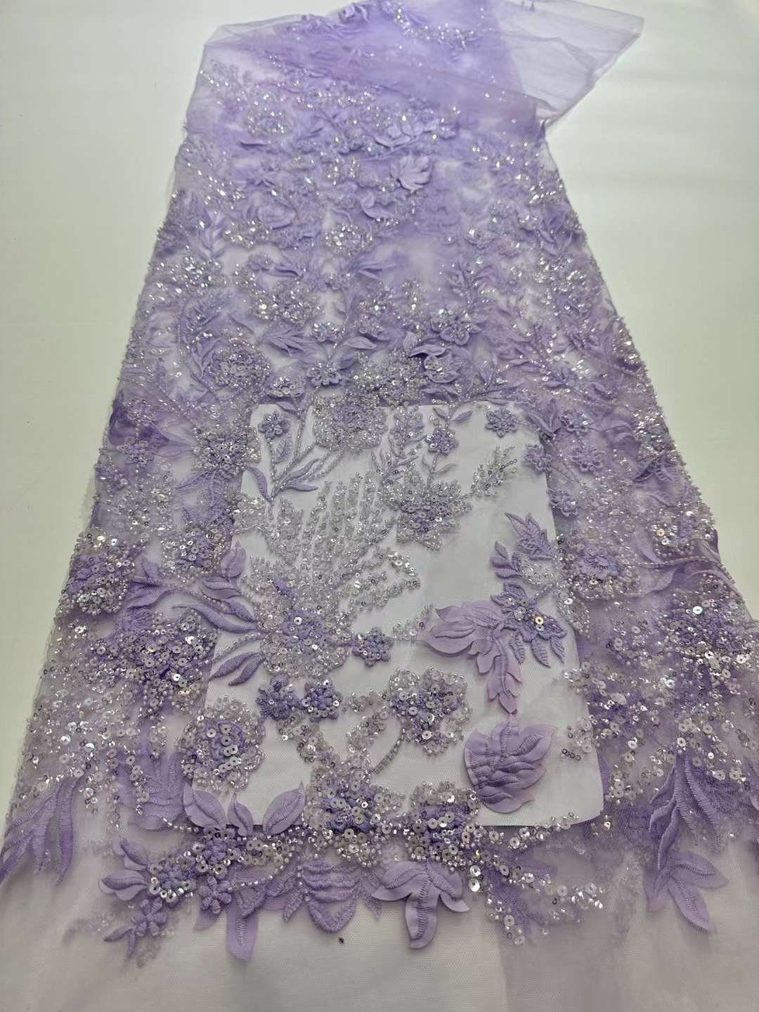 Brown 3d beaded lace fabric