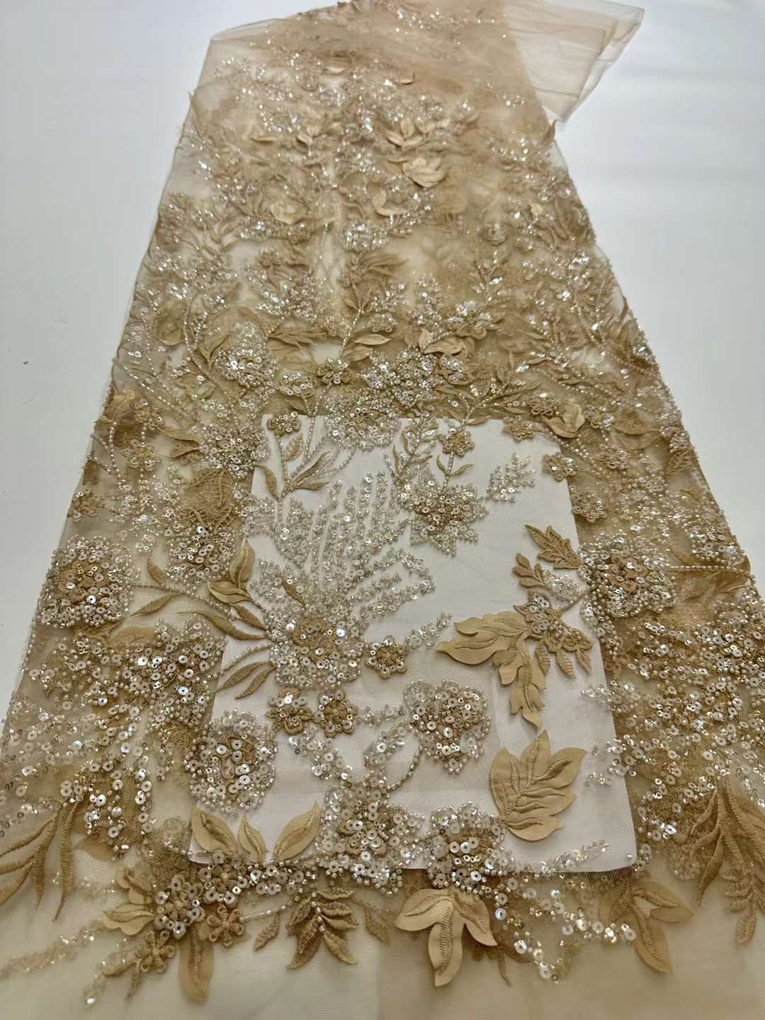 Brown 3d beaded lace fabric