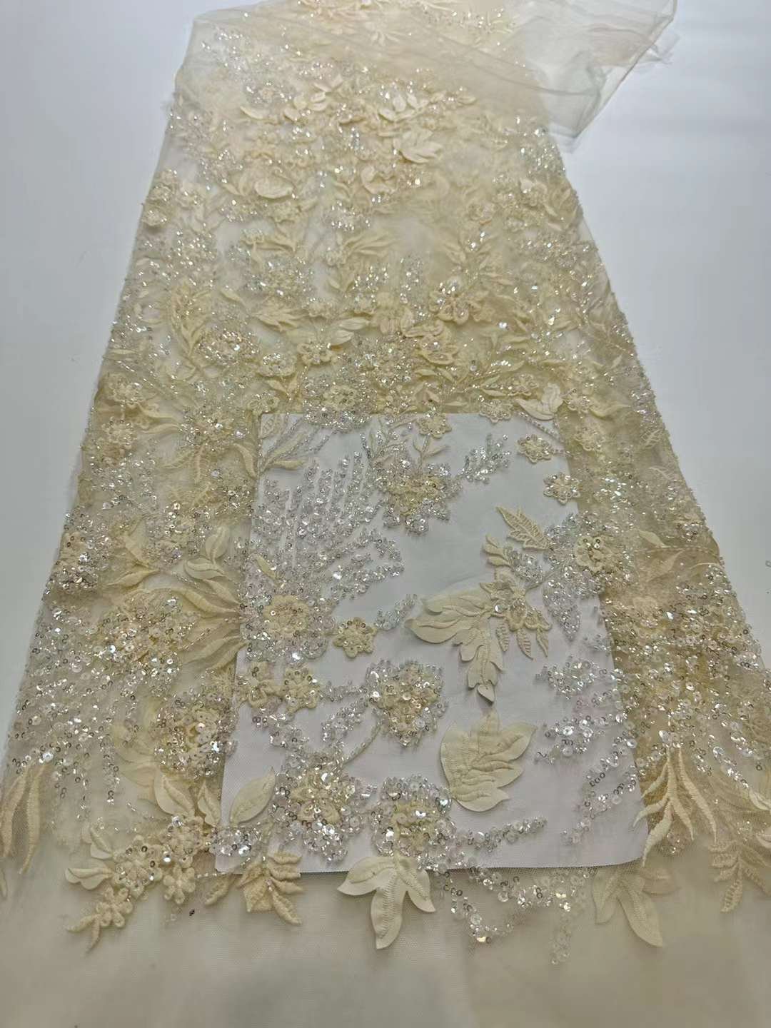 Brown 3d beaded lace fabric