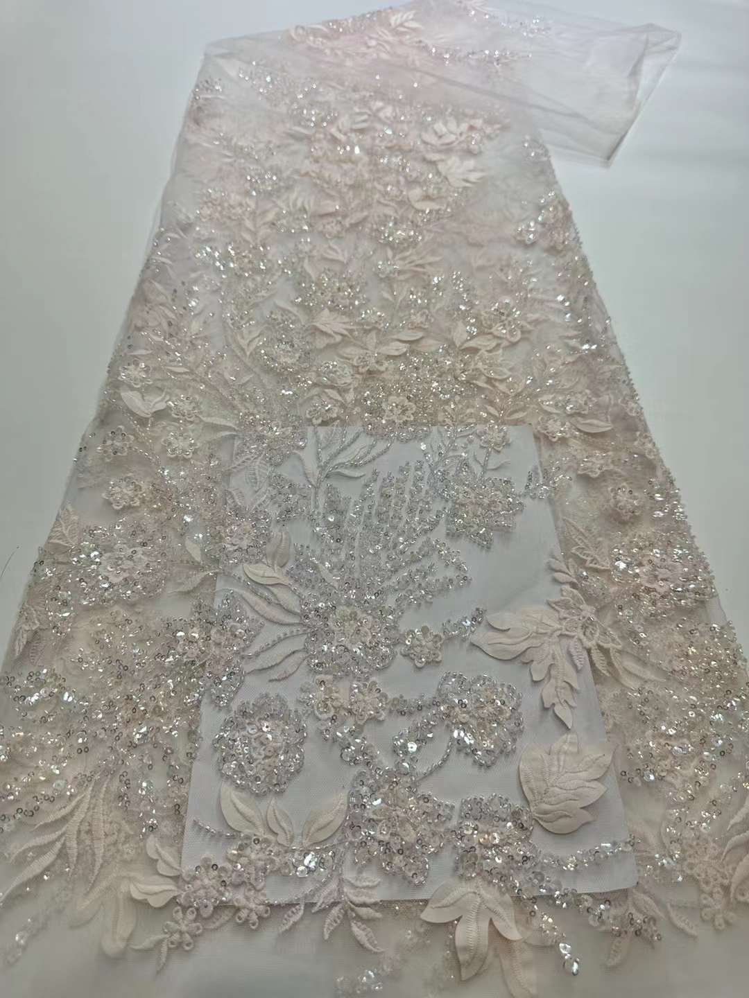 Brown 3d beaded lace fabric